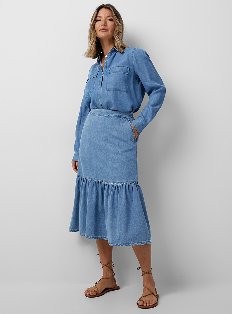Part Two: La jupe denim bordure volant Bleu pâle-bleu poudre pour femme