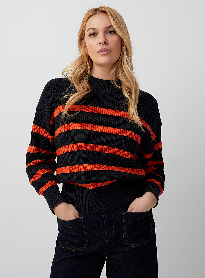 Part Two Wine/Black Contrasting stripes mock-neck sweater for women