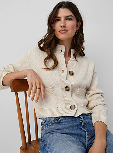 Part Two Ivory White Marbled-button cropped cardigan for women