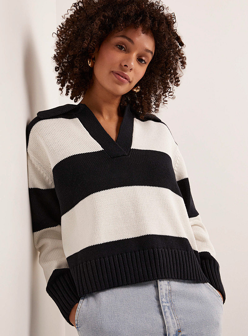 Part Two Patterned White Block stripes Johnny-collar sweater for women