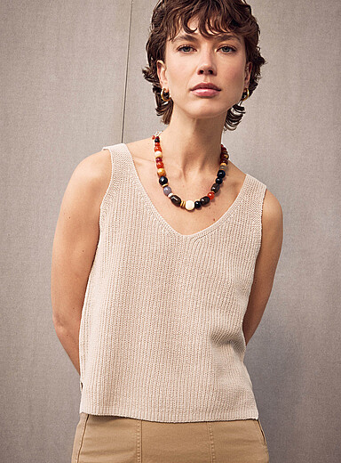 La camisole tricot c&ocirc;tes perl&eacute;es lin m&eacute;lang&eacute;