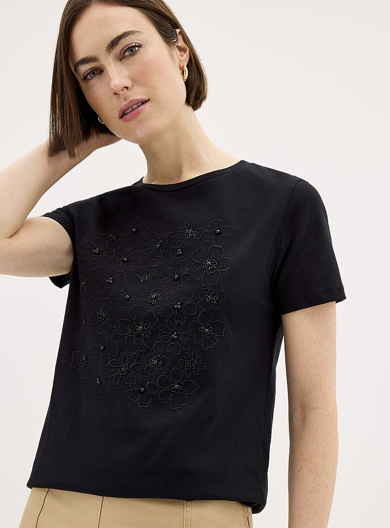 Part Two: Le t-shirt billes et broderie Noir pour femme