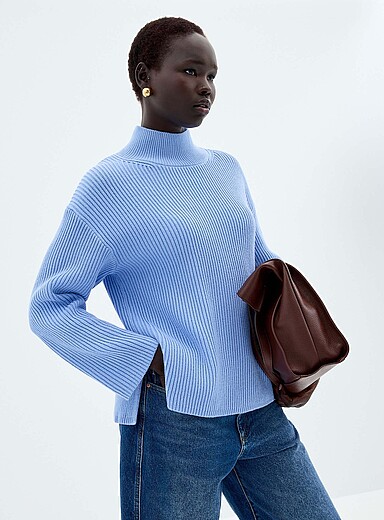 Part Two: Le chandail tricot dense col chemin&eacute;e Bleu moyen - Ardoise pour femme