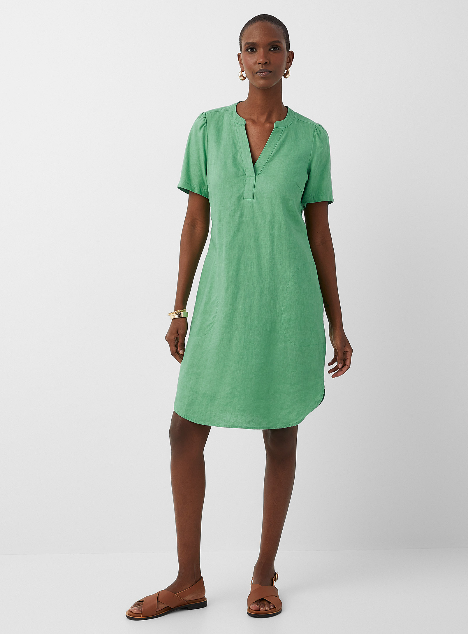 Part Two Aminase Slit Collar Pure Linen Dress In Green