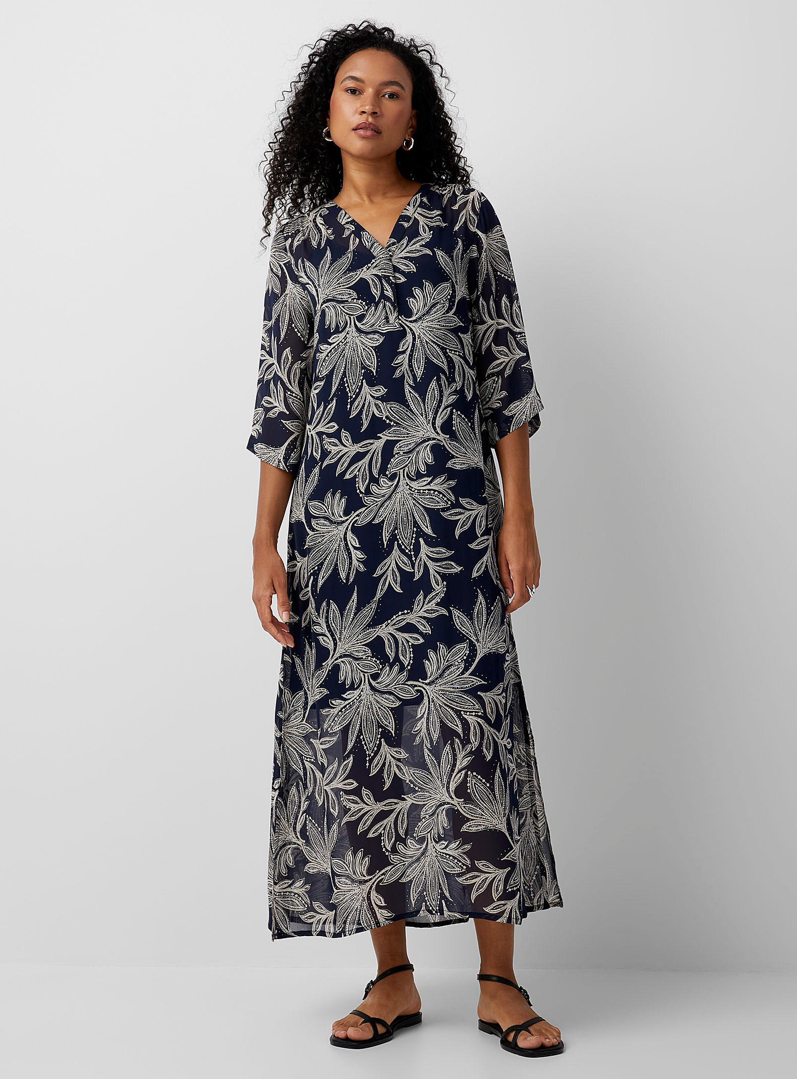 Part Two Berit Contrasting Foliage Chiffon Dress In Patterned Blue