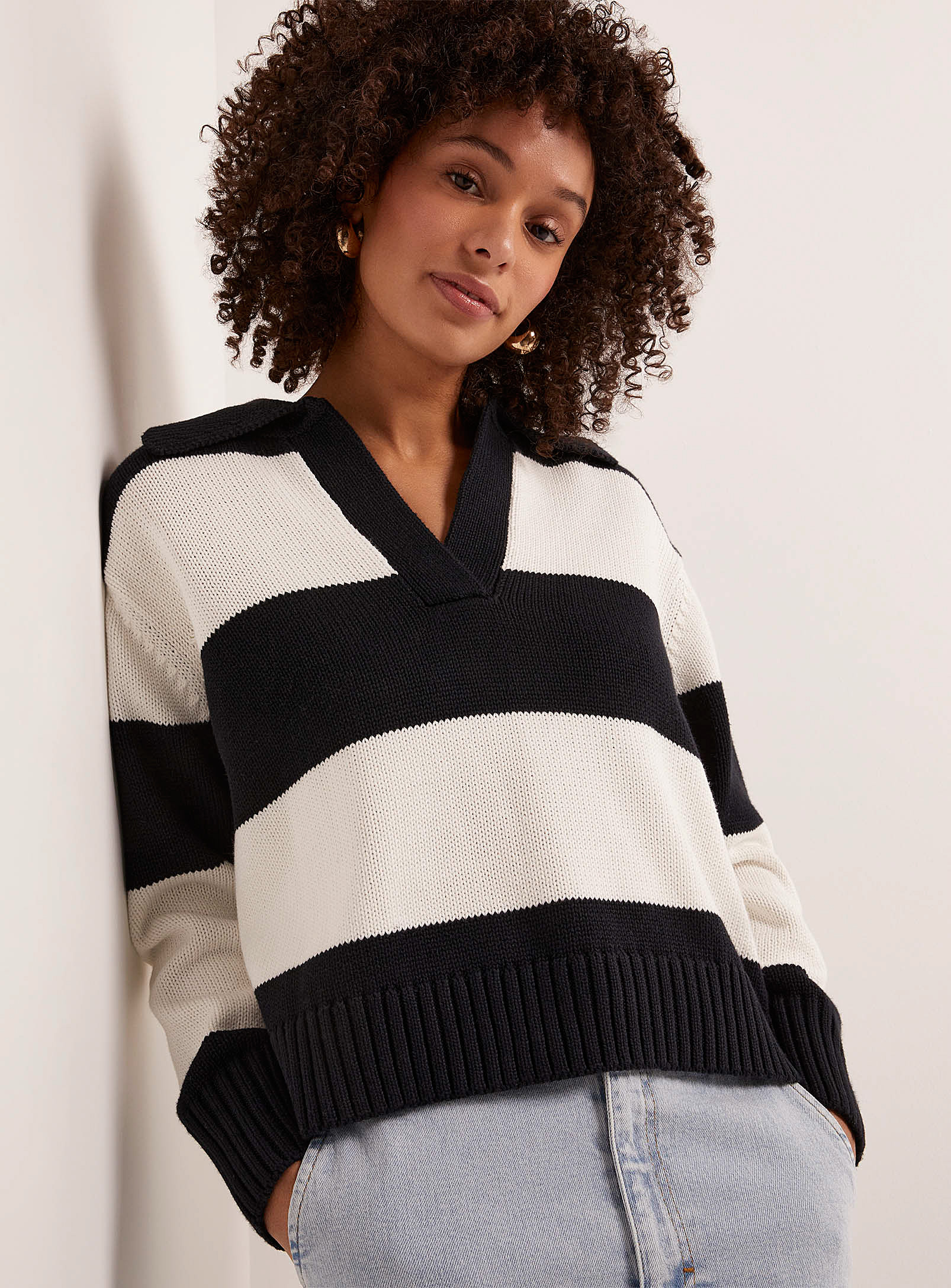 Part Two Block Stripes Johnny-collar Sweater In Patterned White