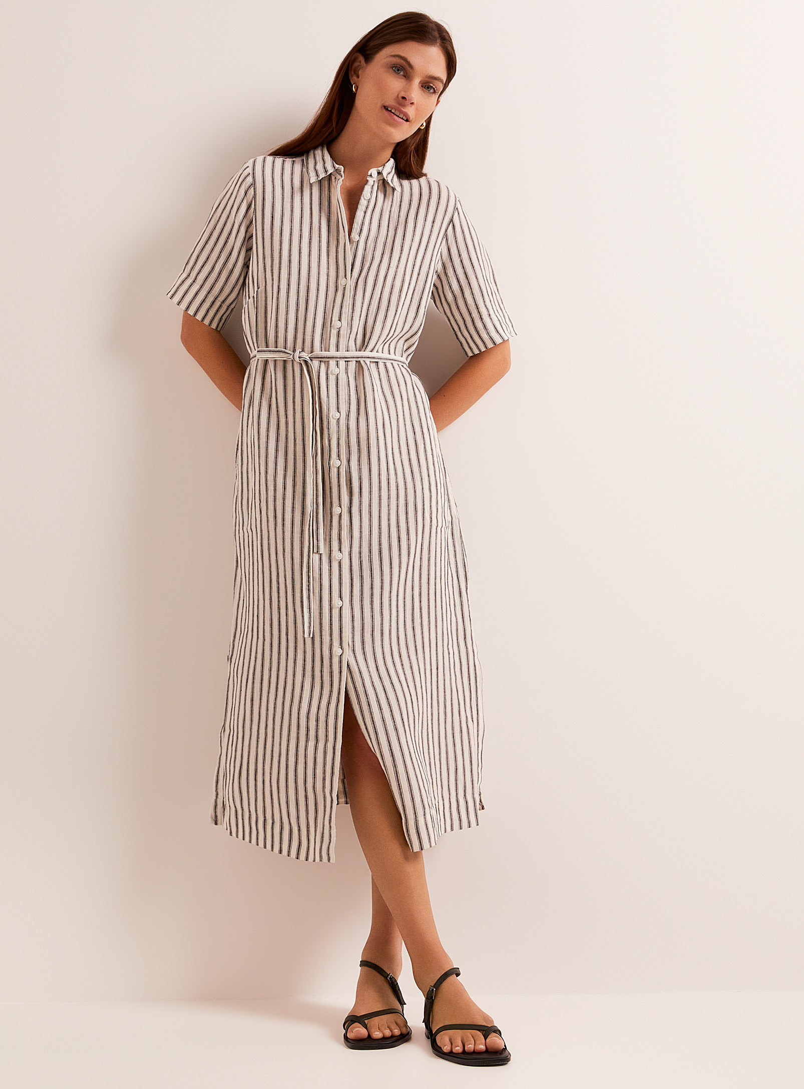 Part Two Emmalou Vertical Stripes Linen Shirtdress In Black And White
