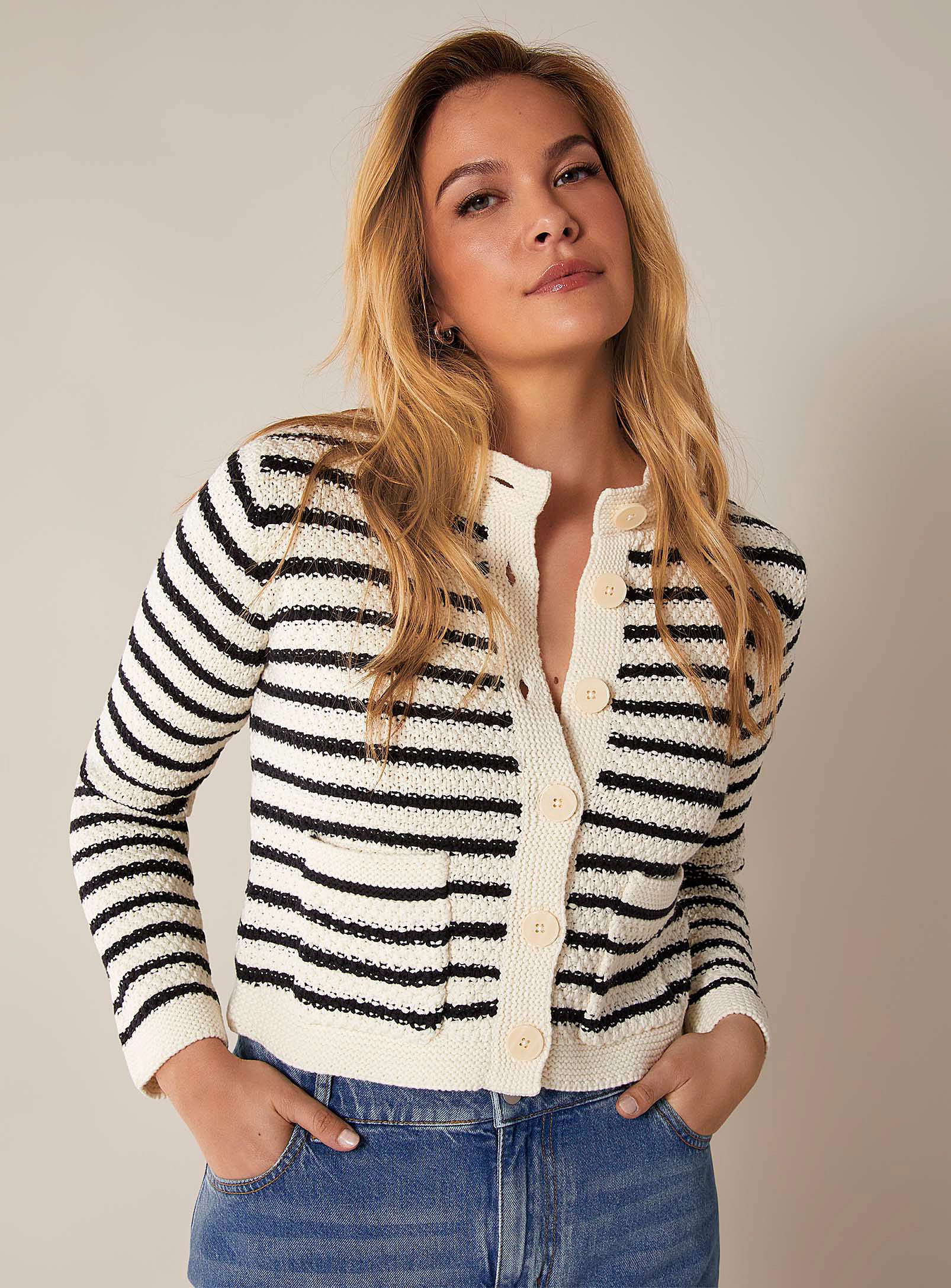 Part Two Elmie Contrasting Stripes Textured Cardigan In Black And White