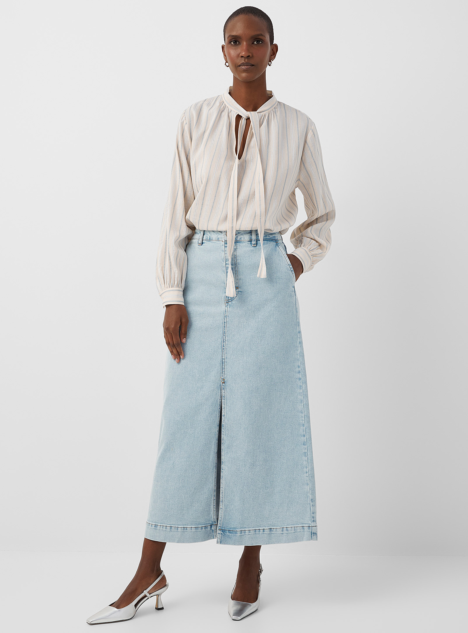 Part Two Caliah Slit Faded Denim Maxi Skirt In Baby Blue