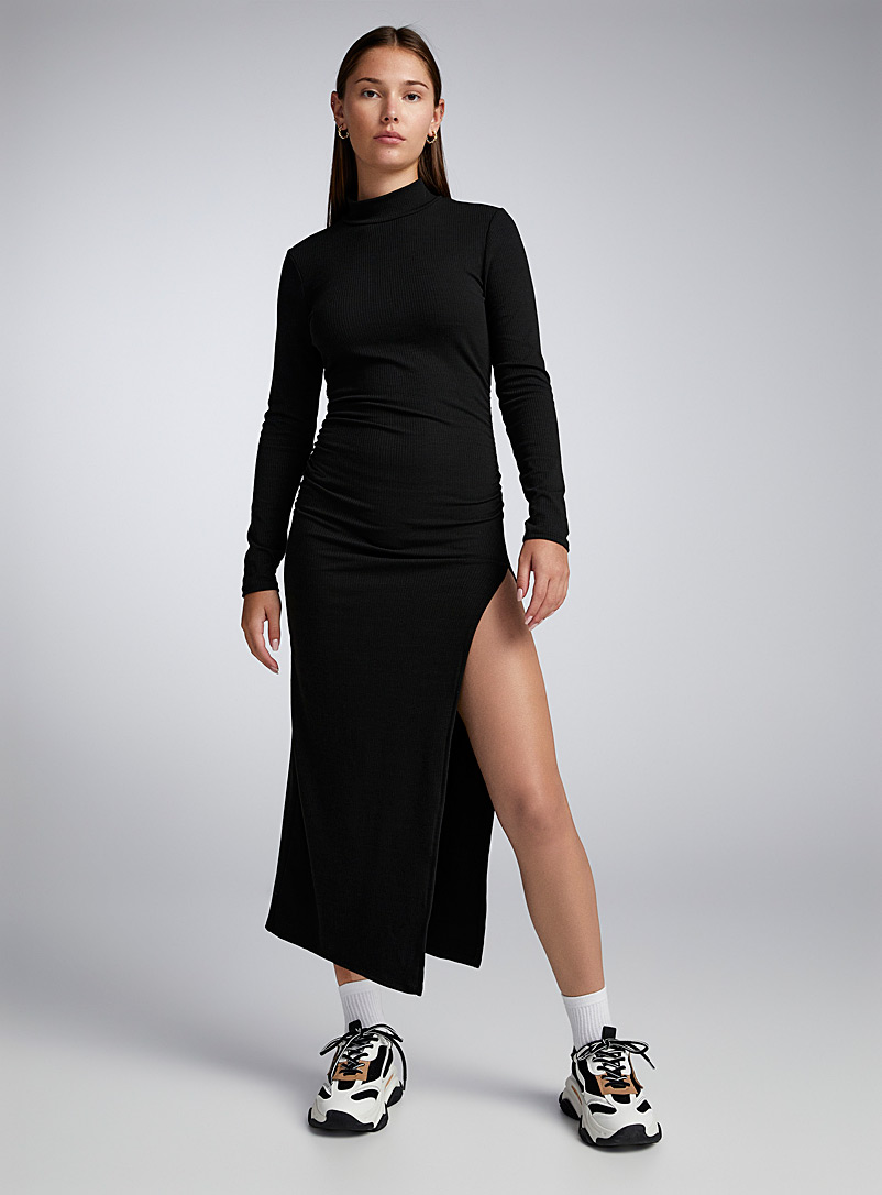 Twik Black Gathered and ribbed mock-neck dress for women
