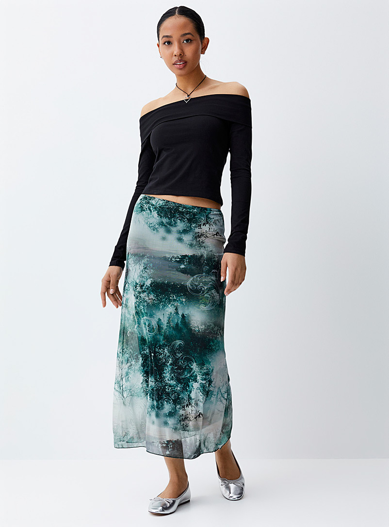 Twik Patterned Green Nature print mesh skirt for women