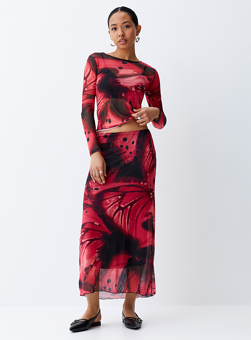 Twik: La jupe filet imprimé nature Rouge à motifs pour femme