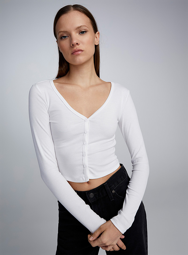 Twik White Mini-ribbing cropped cardigan for women