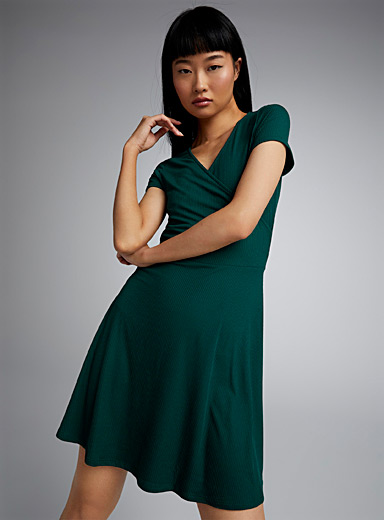 Twik Green Ribbed crossover dress for women