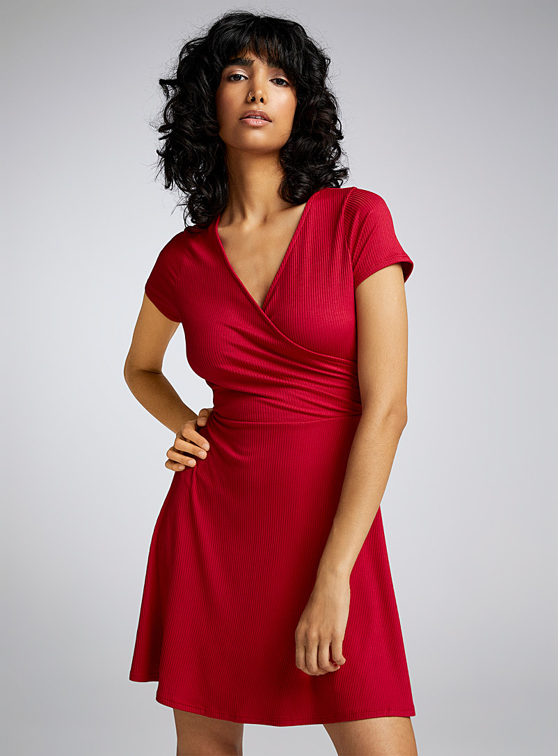 Twik Red Ribbed crossover dress for women