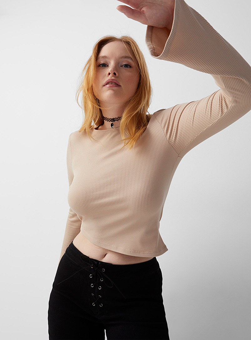 Twik Medium Brown Asymmetrical bell-sleeve T-shirt for women