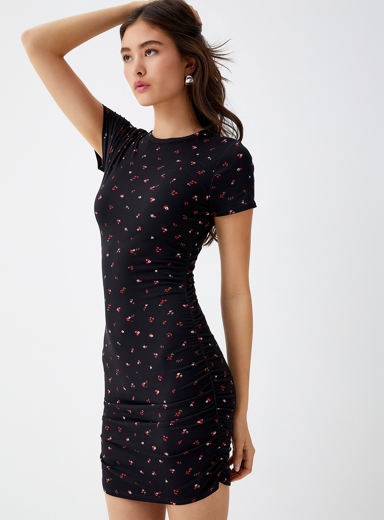 Twik Ruched Fitted Dress In Patterned Black