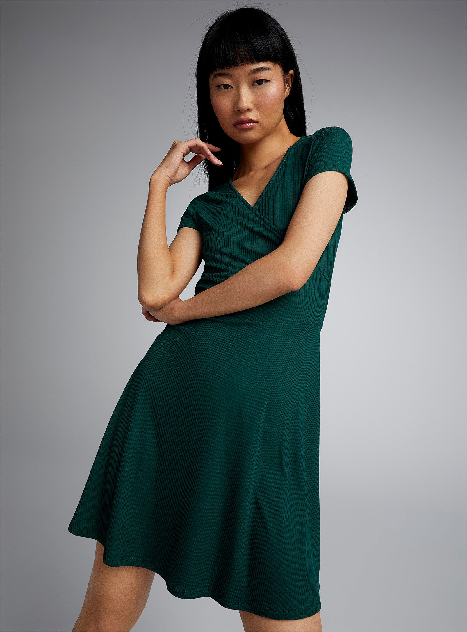 Twik Ribbed Crossover Dress In Green
