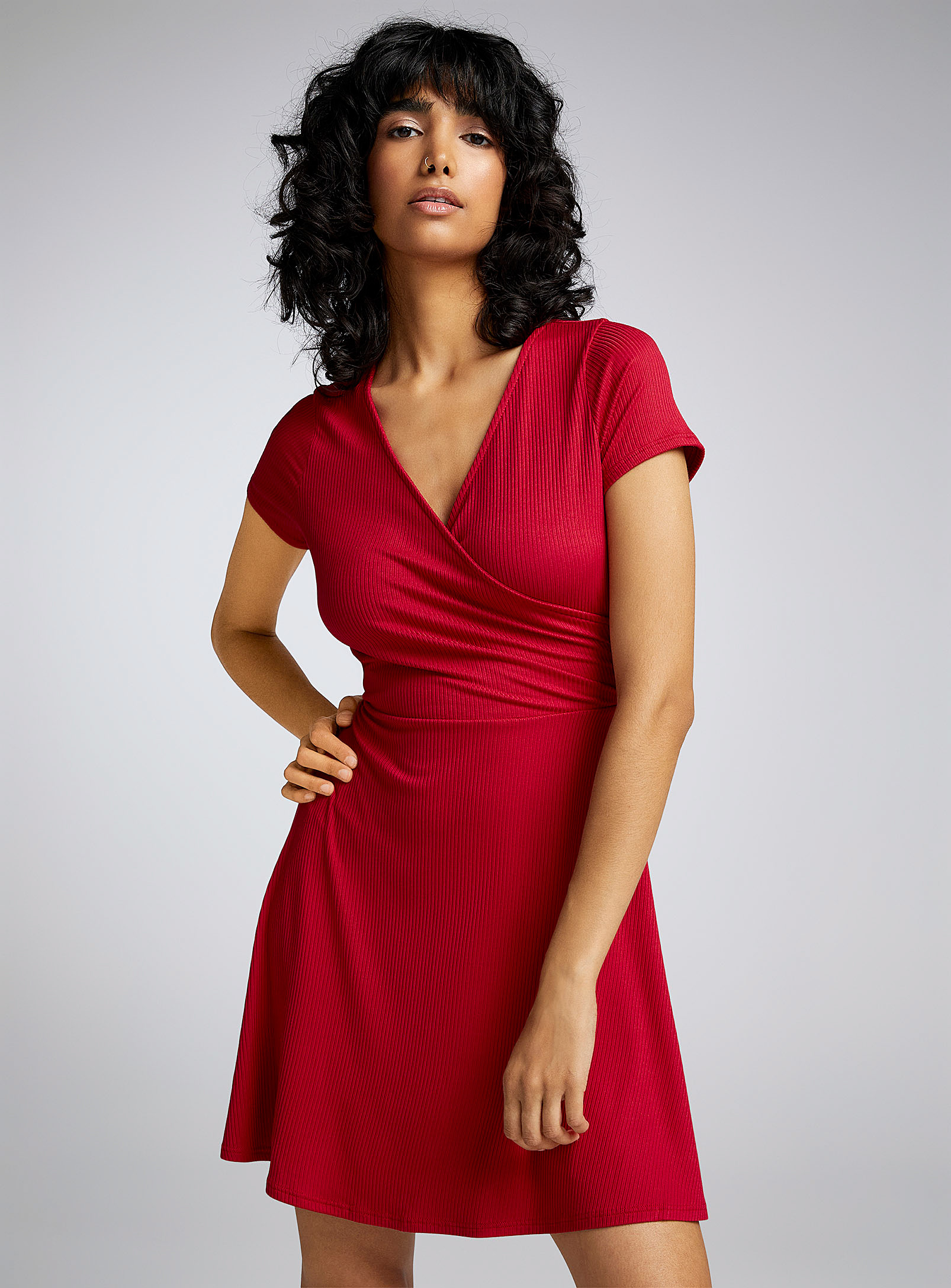 Twik Ribbed Crossover Dress In Red