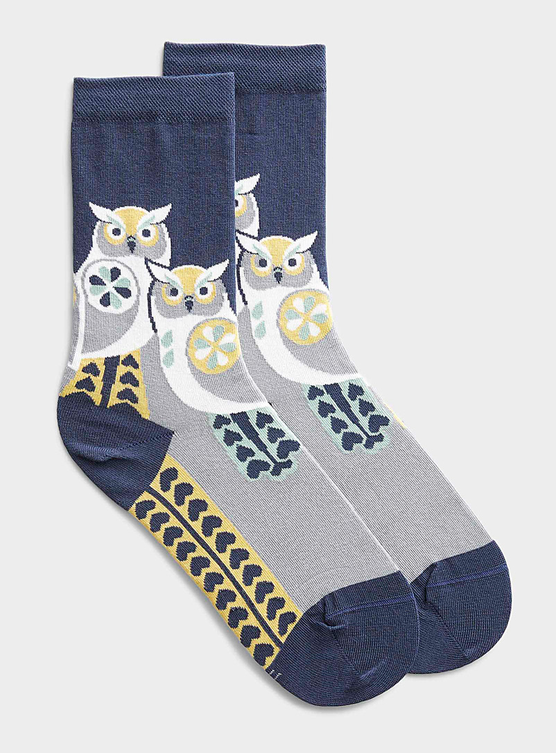 Bleuforêt Marine Blue Patterned owl socks for women