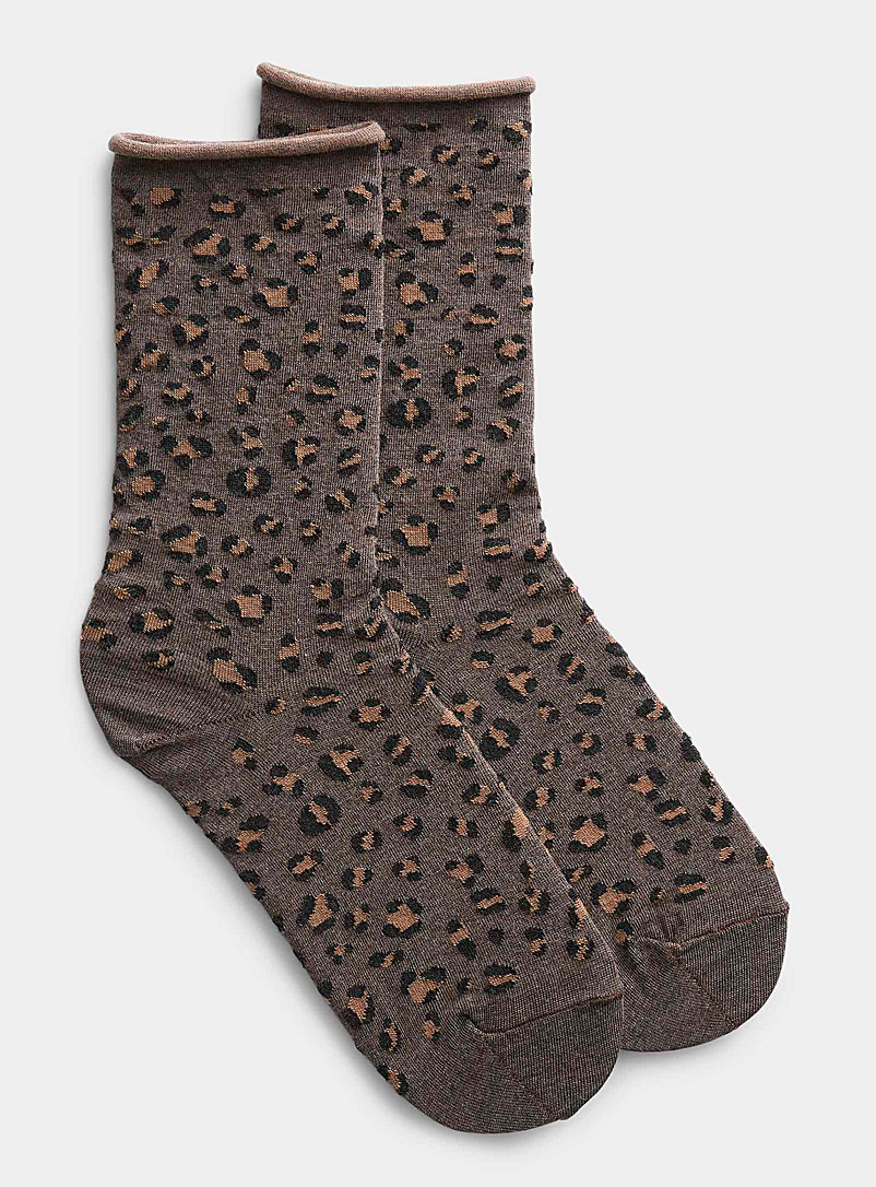 Bleuforêt Brown Merino wool leopard socks for women