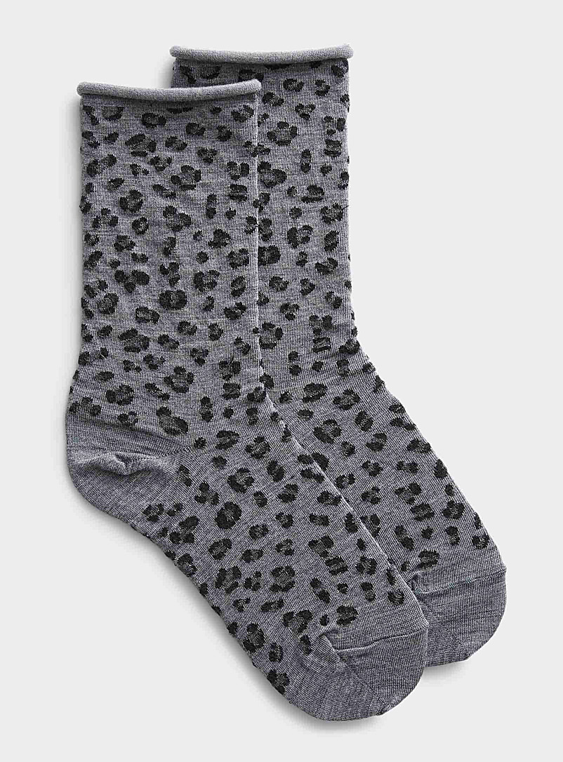 Bleuforêt Charcoal Merino wool leopard socks for women