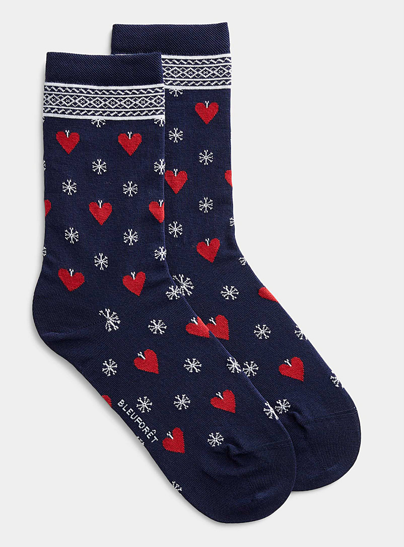Bleuforêt Marine Blue Snowy heart sock for women