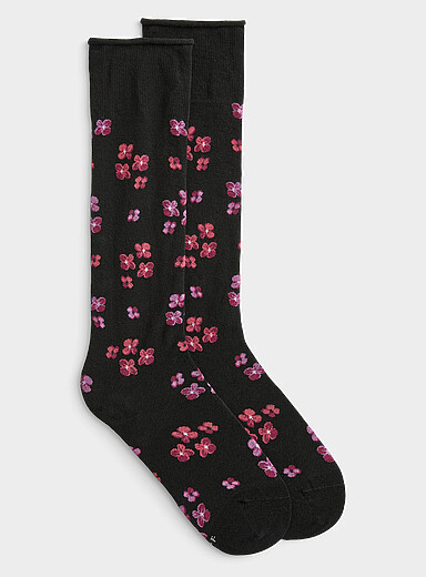 La chaussette genou coton velout&eacute; fleurie
