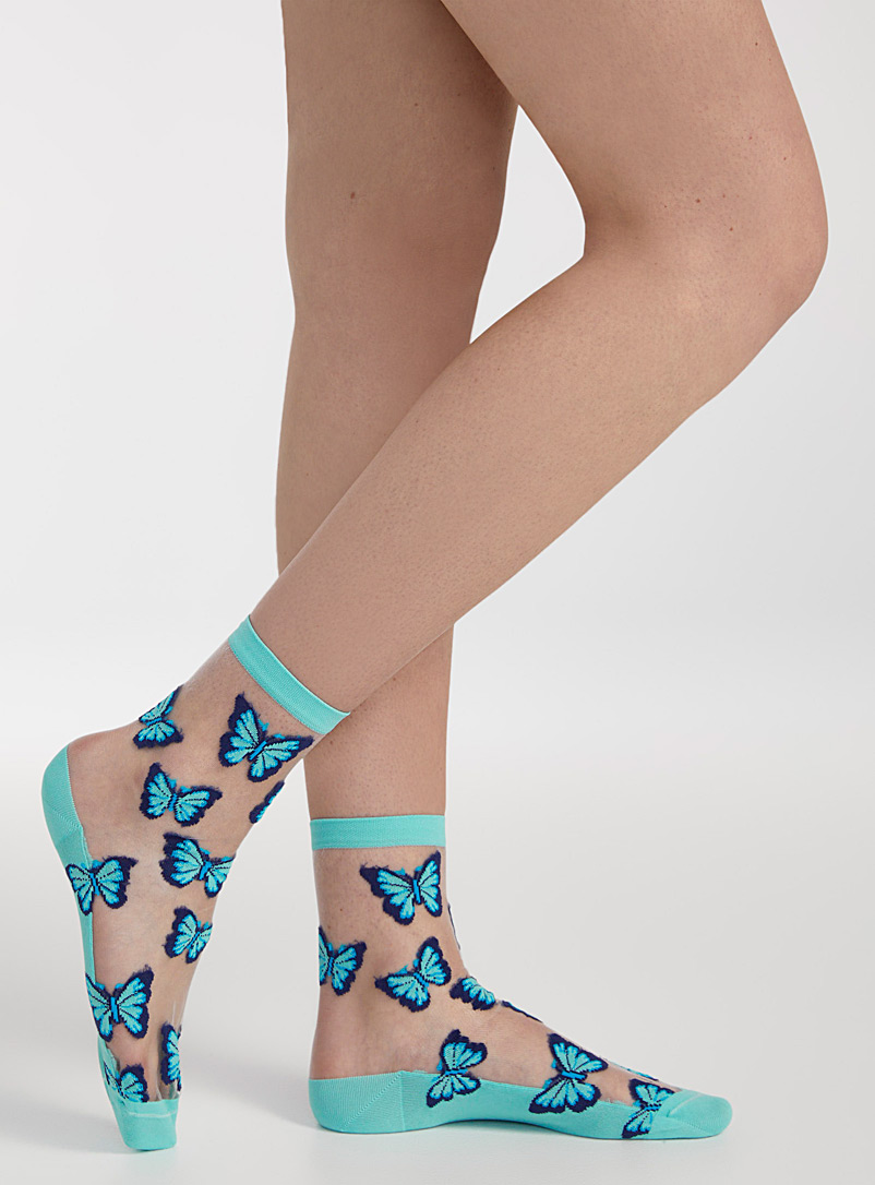 Bleuforêt Blue Butterflies sheer socks for women