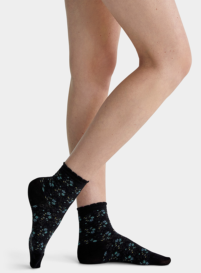 Bleuforêt: La chaussette cheville ajourée petites fleurs Noir pour femme