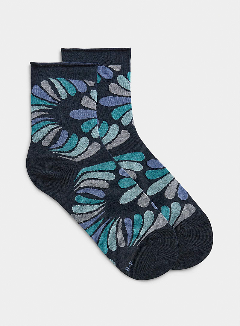 Bleuforêt Marine Blue Fluid floral ankle sock for women