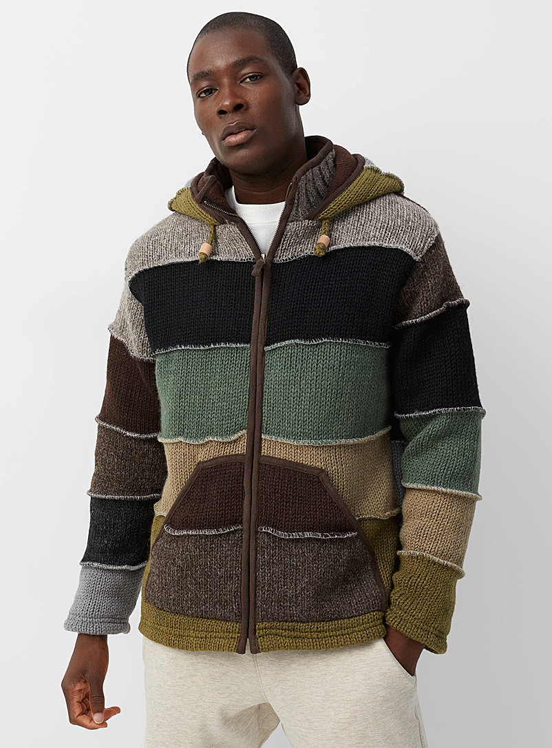 Lost Horizons Patterned Green Block patchwork hooded cardigan for men