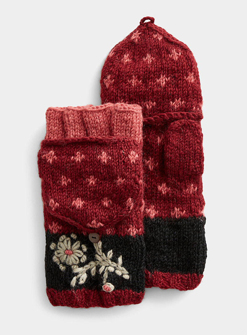 Simons Patterned Red Lydia flip-top gloves for women
