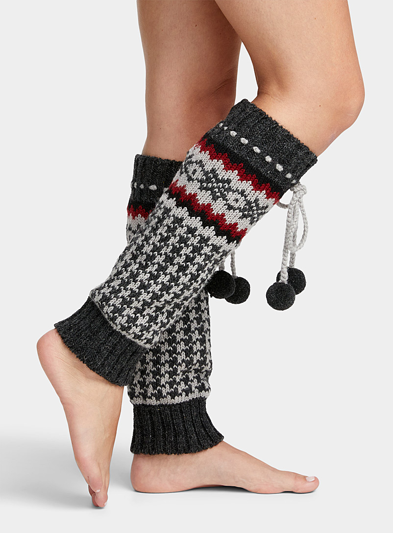 Lost Horizons Patterned Grey Houndstooth pompom legwarmers for women