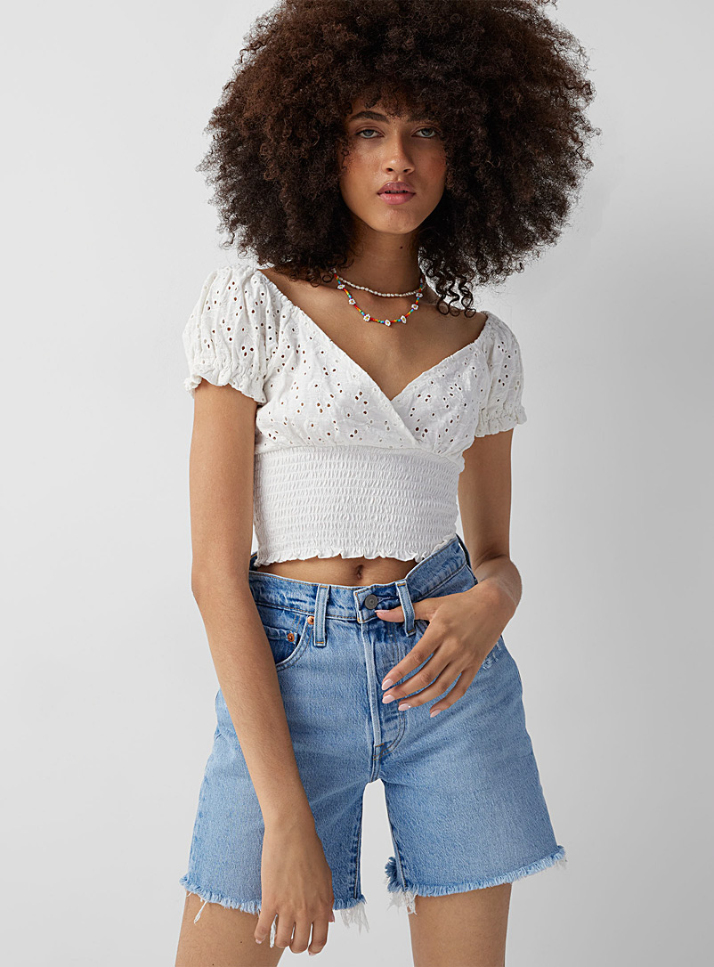 Billabong White Broderie anglaise cropped T-shirt for women