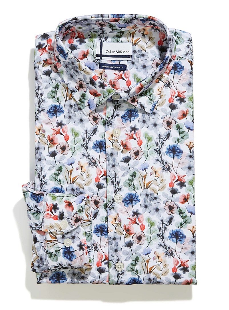 Oskar Mäkinen Patterned White Ombré floral knit shirt Modern fit for men