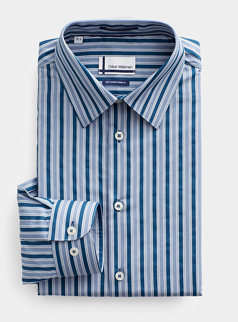 Oskar Mäkinen: La chemise rayures chambray Coupe moderne Bleu à motifs pour homme