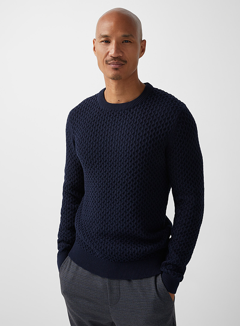 Le 31 Marine Blue Embossed knit sweater for men