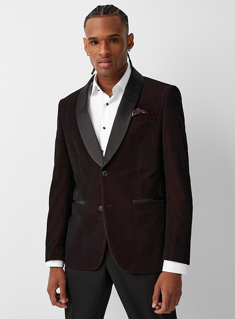 Soul of London Ruby Red Checked velvet tuxedo jacket Slim fit for men