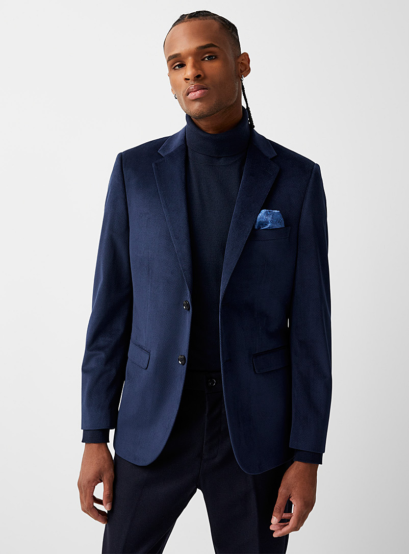 Soul of London Marine Blue Micro-check velvet navy jacket Slim fit for men