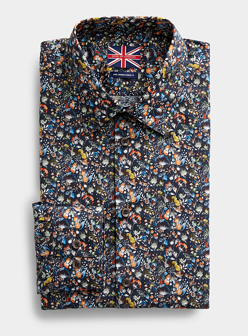 Soul of London: La chemise aquarelle florale Coupe moderne Marine pour homme