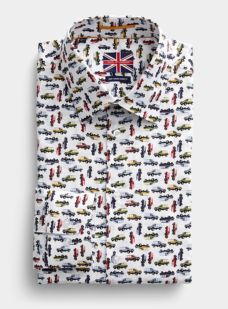 Soul of London Patterned White Pop car shirt Modern fit for men
