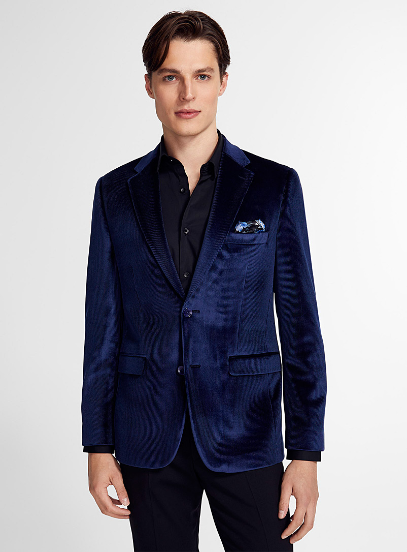 Soul of London Marine Blue Velvety blue ribbed jacket Semi-slim fit for men