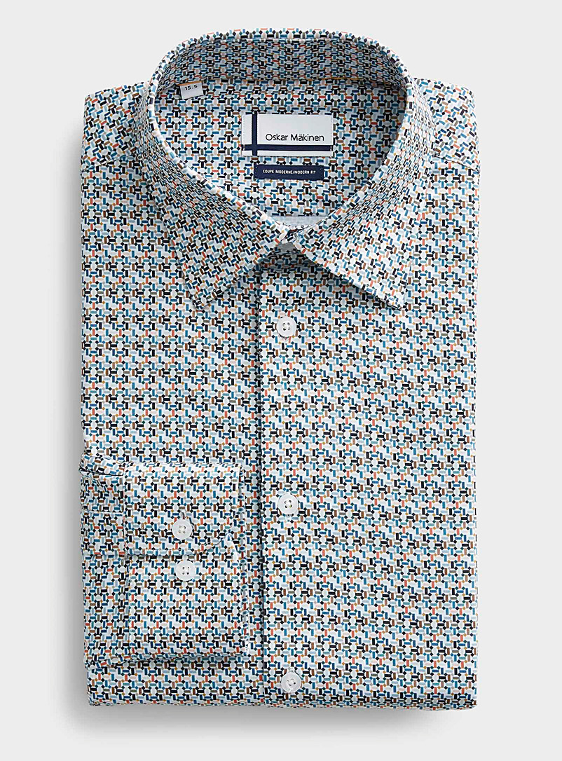 Oskar Mäkinen Patterned White Geo mosaic knit shirt Modern fit for men