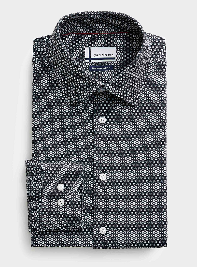 Oskar Mäkinen Patterned Blue Geometric floral stretch shirt Modern fit for men