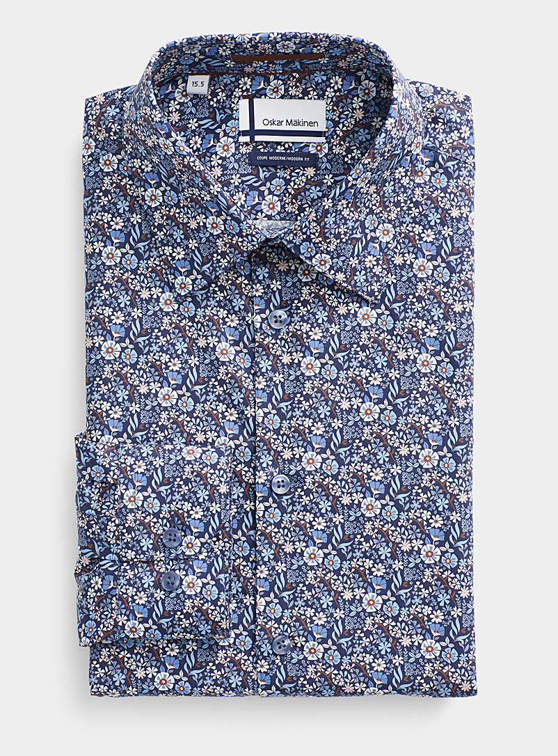 Oskar Mäkinen: La chemise jardin géométrique Coupe moderne Bleu à motifs pour homme