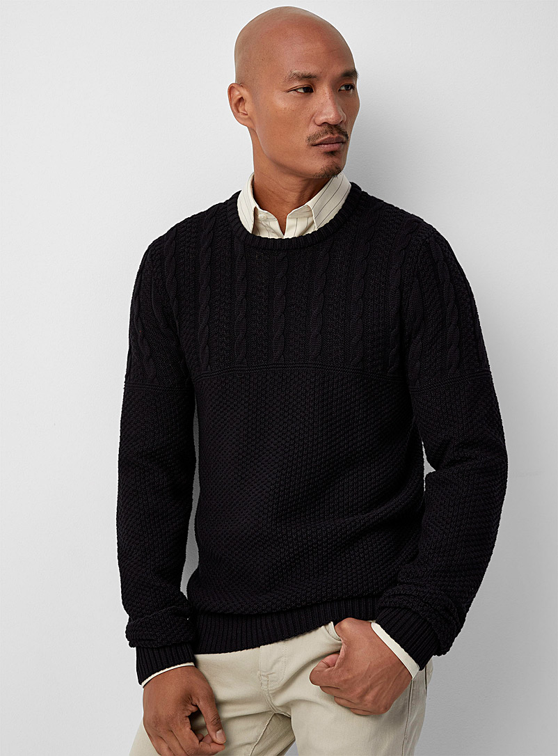 Soul of London Black Cable-knit block checkerboard-stitch sweater for men