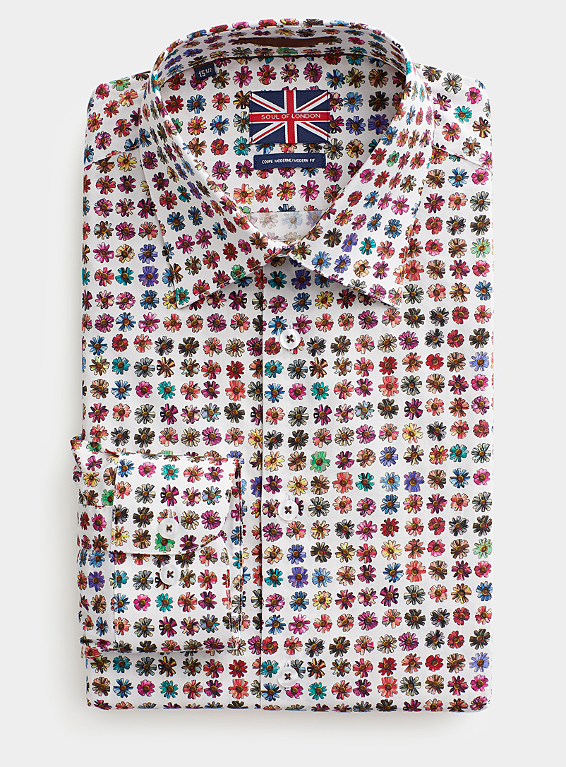 Soul of London: La chemise marguerites colorées Coupe moderne Blanc à motifs pour homme