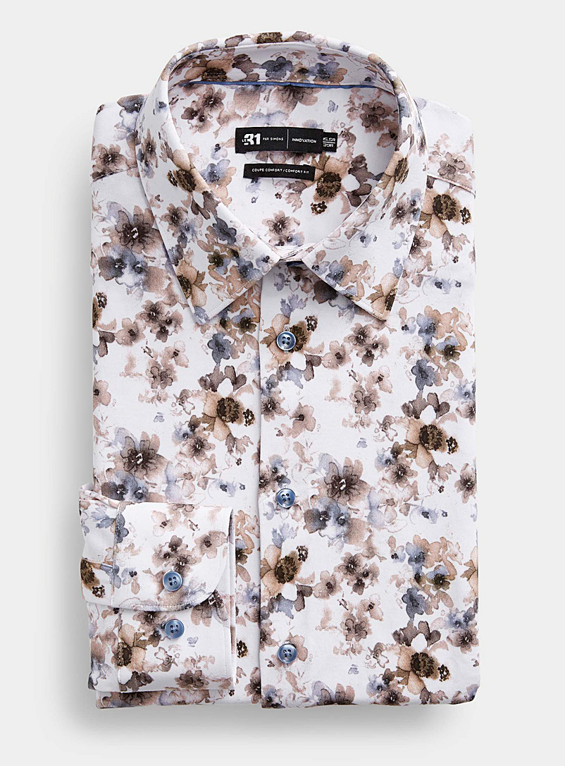 Le 31: La chemise tricot fleurs aquarelle Coupe confort <b>Collection Innovation</b> Blanc à motifs pour homme