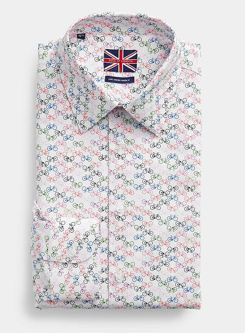 Soul of London Patterned white Colourful bike stretch shirt Modern fit for men